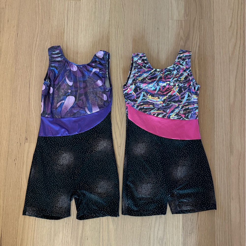 2 Gymnastics Leotards / Unitards - Purple and Pink - Excellent Condition
